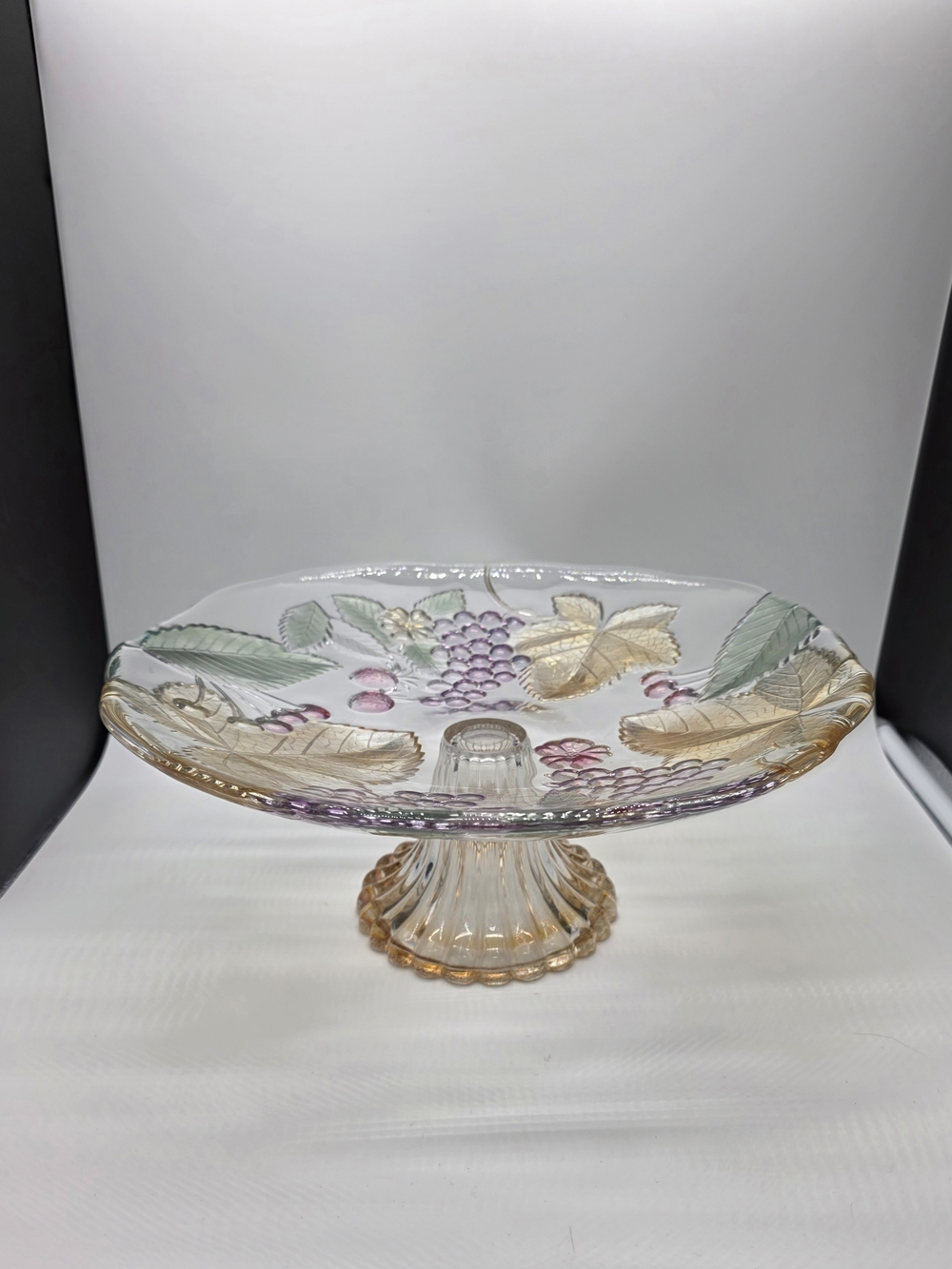 Painted Glass Pedestal Cake Stand with Grape Motif